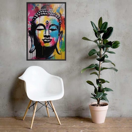 A Graffiti-Inspired Buddha Painting framed art is mounted on a concrete wall, next to a tall, green potted plant. A modern white chair with wooden legs is positioned in the foreground, creating a contemporary and relaxed corner in an industrial-style space.