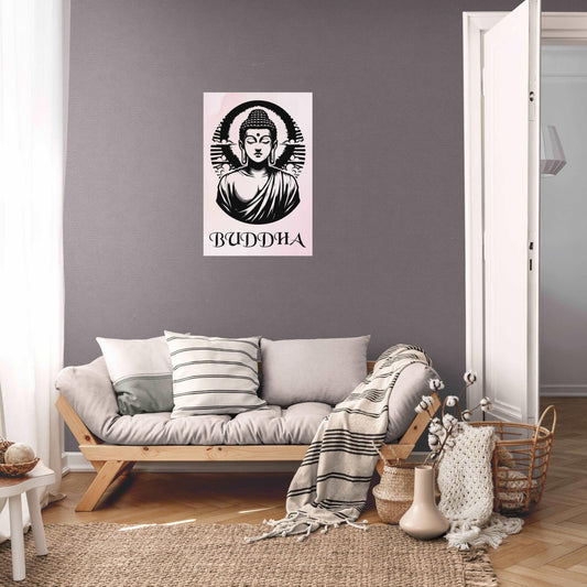 Contemporary living room interior featuring the Buddha poster as a focal point above a sofa- Handcrafted Timeless Buddha Poster 