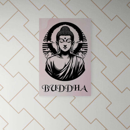 Elegant black and pink Buddha poster with a timeless design, displayed on a wall