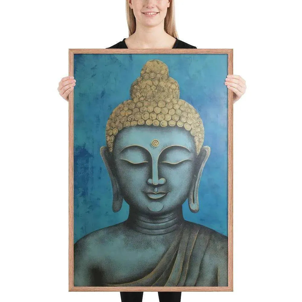 A beaming woman is holding a red-Happy Buddha Framed Print that features a Buddha head painted in shades of blue and gold against a textured blue background, exemplifying a fusion of traditional iconography with a modern artistic twist.