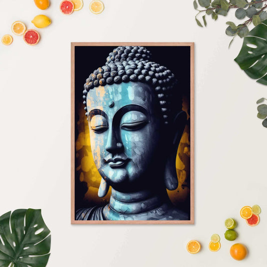 A serene blue-toned Buddha Art framed in oak is displayed against a white background, accompanied by vibrant green leaves and scattered slices of fresh oranges and lemons, evoking a refreshing spring or summer ambiance.