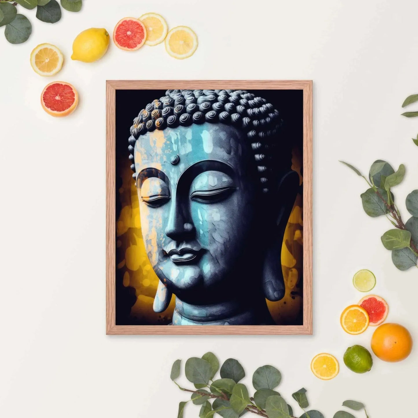 A serene blue-toned Buddha Art framed in oak is displayed against a white background, accompanied by vibrant green leaves and scattered slices of fresh oranges and lemons, evoking a refreshing spring or summer ambiance.