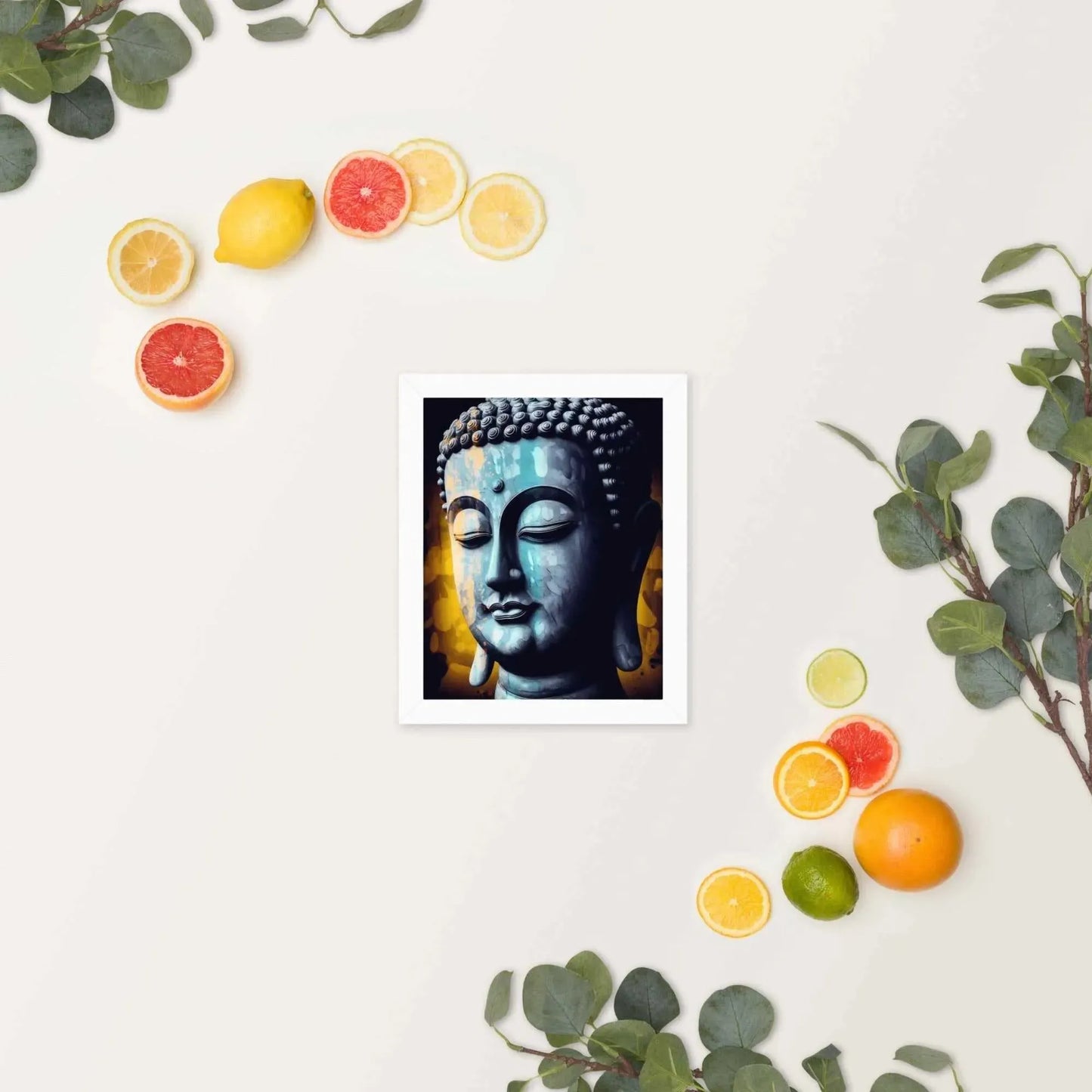 A serene blue-toned Buddha Art framed in oak is displayed against a white background, accompanied by vibrant green leaves and scattered slices of fresh oranges and lemons, evoking a refreshing spring or summer ambiance.