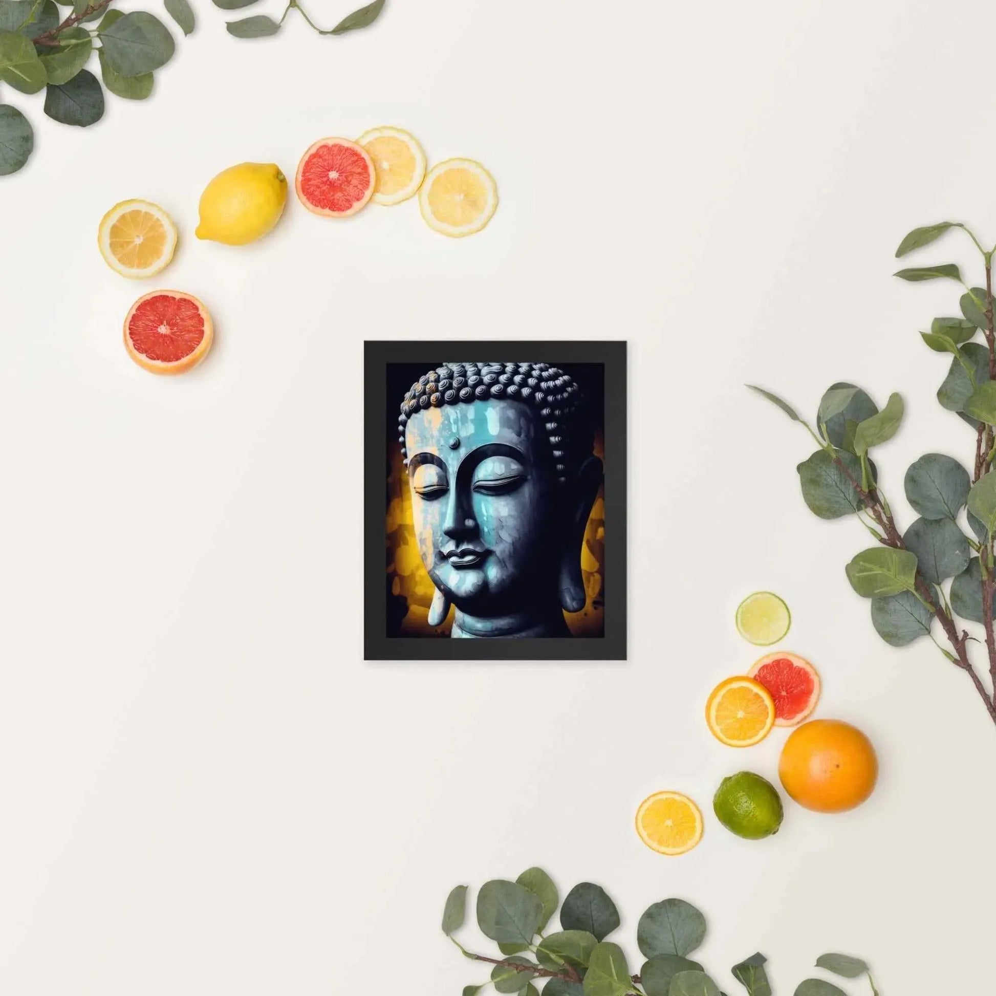 A serene blue-toned Buddha Art framed in oak is displayed against a white background, accompanied by vibrant green leaves and scattered slices of fresh oranges and lemons, evoking a refreshing spring or summer ambiance.