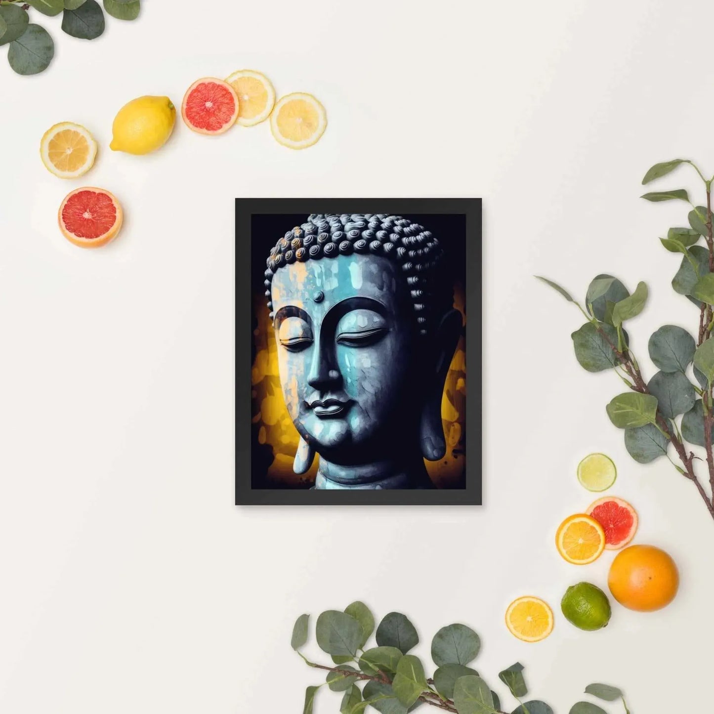 A serene blue-toned Buddha Art framed in oak is displayed against a white background, accompanied by vibrant green leaves and scattered slices of fresh oranges and lemons, evoking a refreshing spring or summer ambiance.