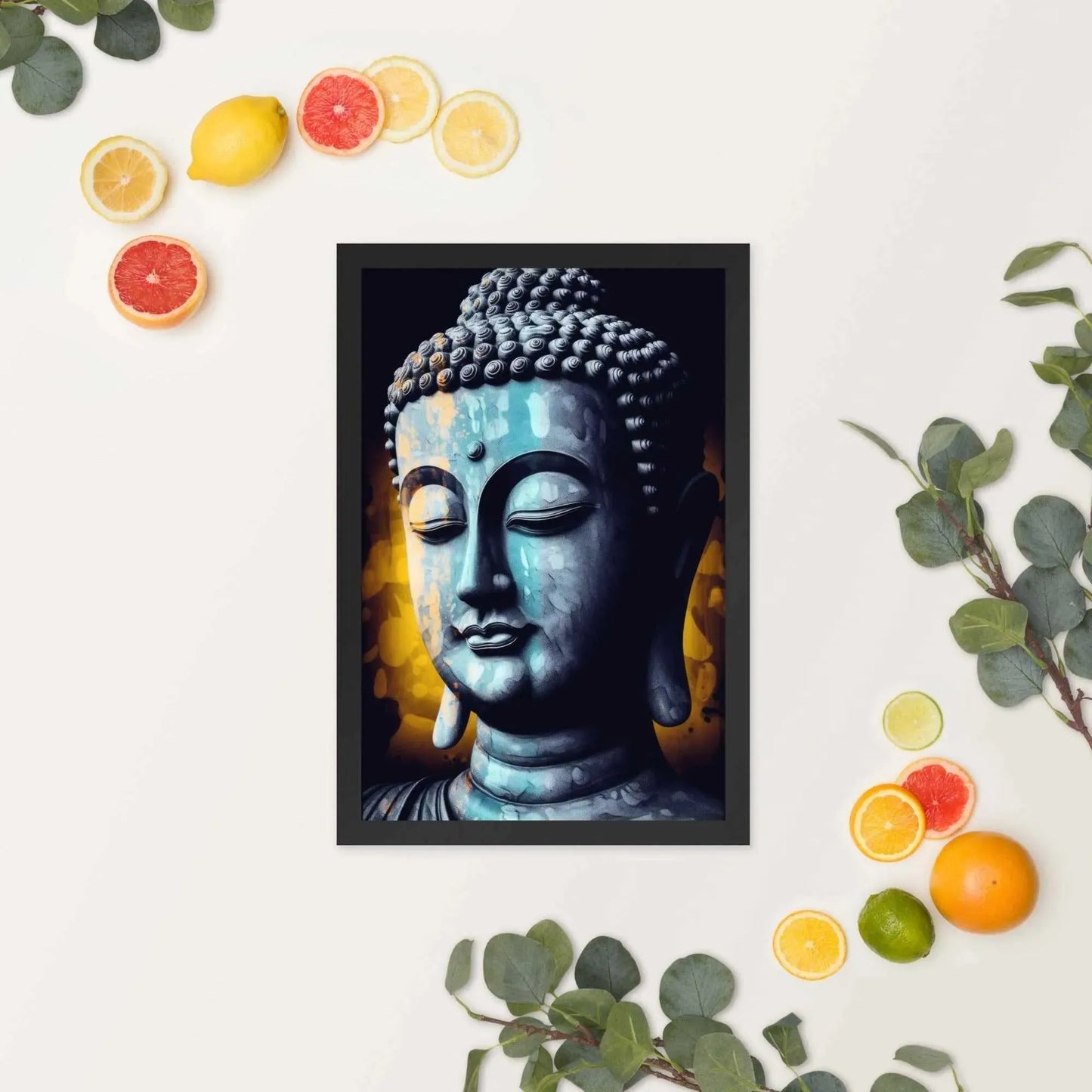 A serene blue-toned Buddha Art framed in oak is displayed against a white background, accompanied by vibrant green leaves and scattered slices of fresh oranges and lemons, evoking a refreshing spring or summer ambiance.