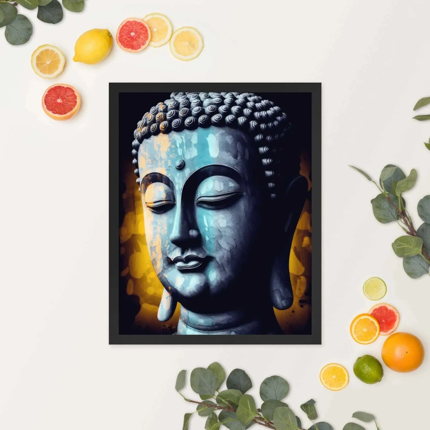 A serene blue-toned Buddha Art framed in oak is displayed against a white background, accompanied by vibrant green leaves and scattered slices of fresh oranges and lemons, evoking a refreshing spring or summer ambiance.