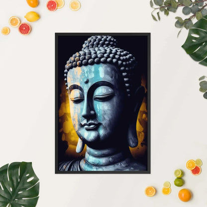 A serene blue-toned Buddha Art framed in oak is displayed against a white background, accompanied by vibrant green leaves and scattered slices of fresh oranges and lemons, evoking a refreshing spring or summer ambiance.