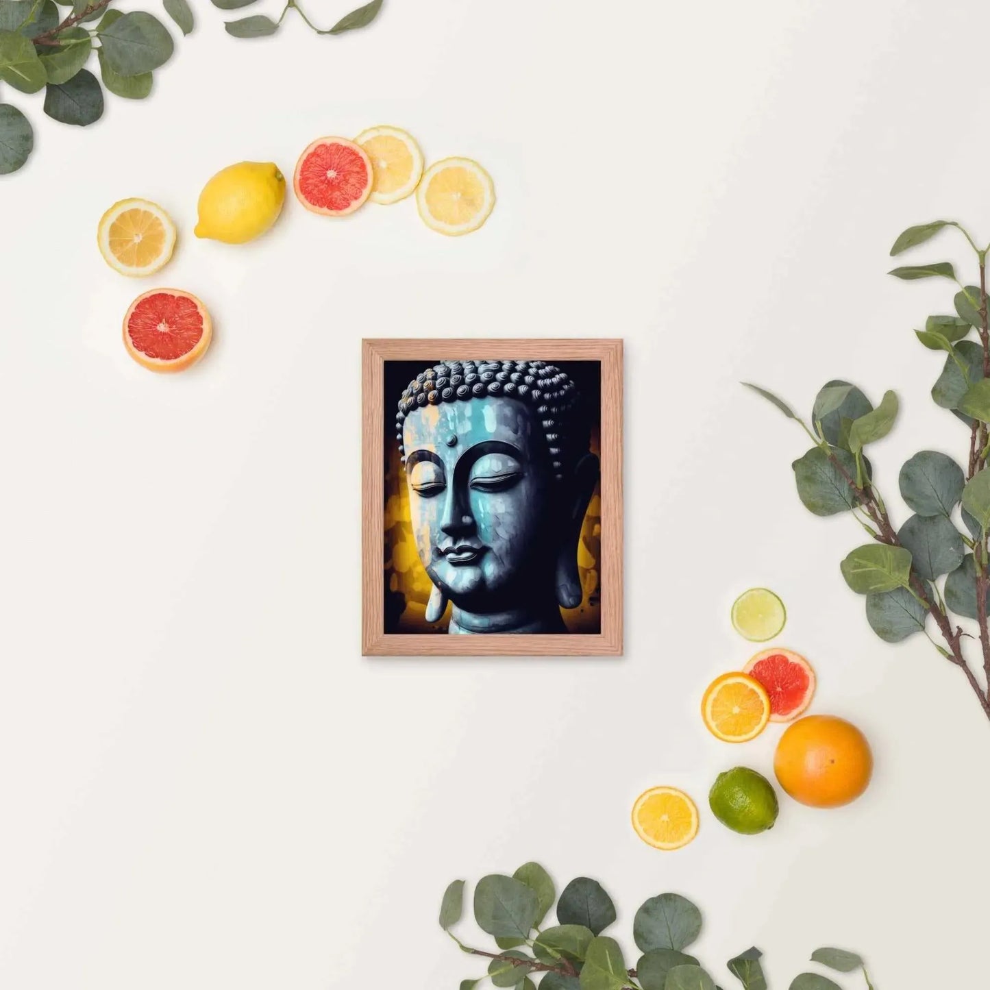 A serene blue-toned Buddha Art framed in oak is displayed against a white background, accompanied by vibrant green leaves and scattered slices of fresh oranges and lemons, evoking a refreshing spring or summer ambiance.