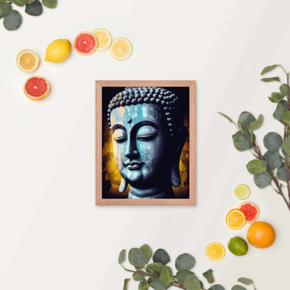 A serene blue-toned Buddha Art framed in oak is displayed against a white background, accompanied by vibrant green leaves and scattered slices of fresh oranges and lemons, evoking a refreshing spring or summer ambiance.