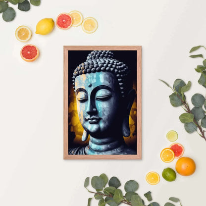 A serene blue-toned Buddha Art framed in oak is displayed against a white background, accompanied by vibrant green leaves and scattered slices of fresh oranges and lemons, evoking a refreshing spring or summer ambiance.