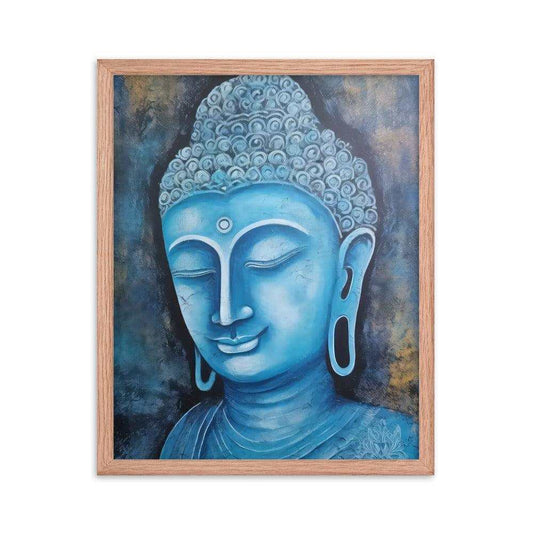A red oak Blue Buddha framed Art poster on a white background presents a peaceful blue Buddha head with intricate detailing and a harmonious dark blue and gold background, radiating tranquility and artistic expression.