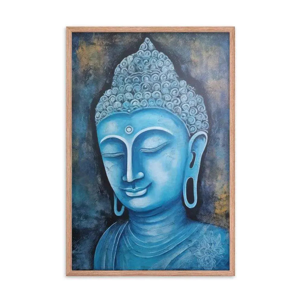 A red oak Blue Buddha framed Art poster on a white background presents a peaceful blue Buddha head with intricate detailing and a harmonious dark blue and gold background, radiating tranquility and artistic expression.