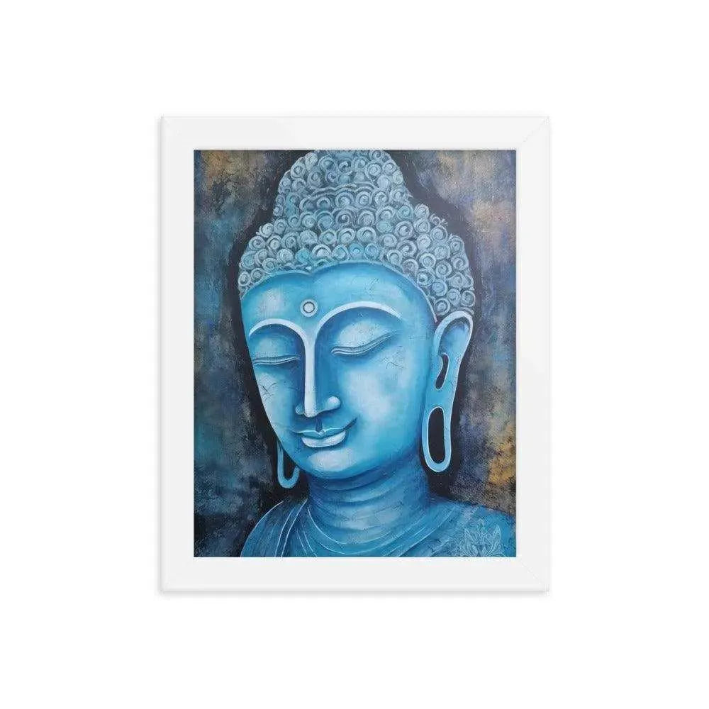 A white oak Blue Buddha framed Art poster on a white background presents a peaceful blue Buddha head with intricate detailing and a harmonious dark blue and gold background, radiating tranquility and artistic expression.