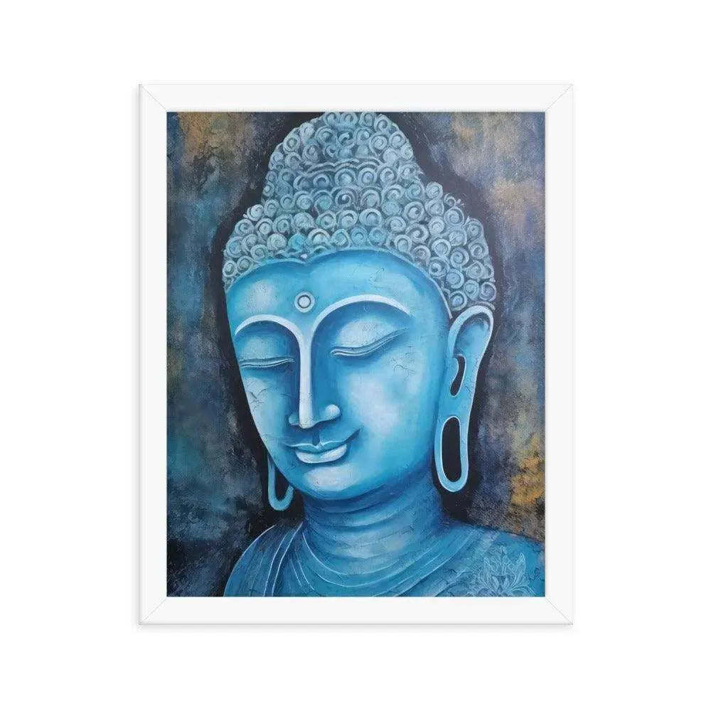 A white oak Blue Buddha framed Art poster on a white background presents a peaceful blue Buddha head with intricate detailing and a harmonious dark blue and gold background, radiating tranquility and artistic expression.