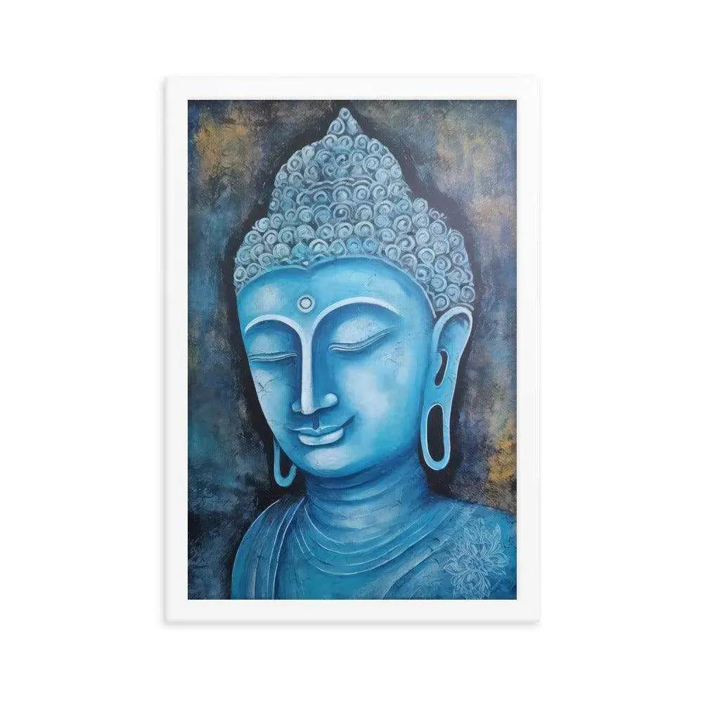 A white oak Blue Buddha framed Art poster on a white background presents a peaceful blue Buddha head with intricate detailing and a harmonious dark blue and gold background, radiating tranquility and artistic expression.