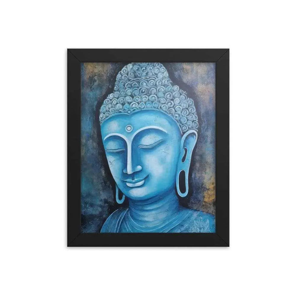 A black oak Blue Buddha framed Art poster on a white background presents a peaceful blue Buddha head with intricate detailing and a harmonious dark blue and gold background, radiating tranquility and artistic expression.