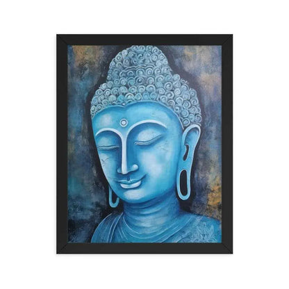 A black oak Blue Buddha framed Art poster on a white background presents a peaceful blue Buddha head with intricate detailing and a harmonious dark blue and gold background, radiating tranquility and artistic expression.