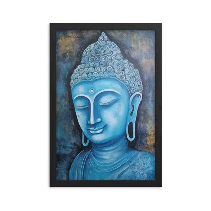 A black oak Blue Buddha framed Art poster on a white background presents a peaceful blue Buddha head with intricate detailing and a harmonious dark blue and gold background, radiating tranquility and artistic expression.