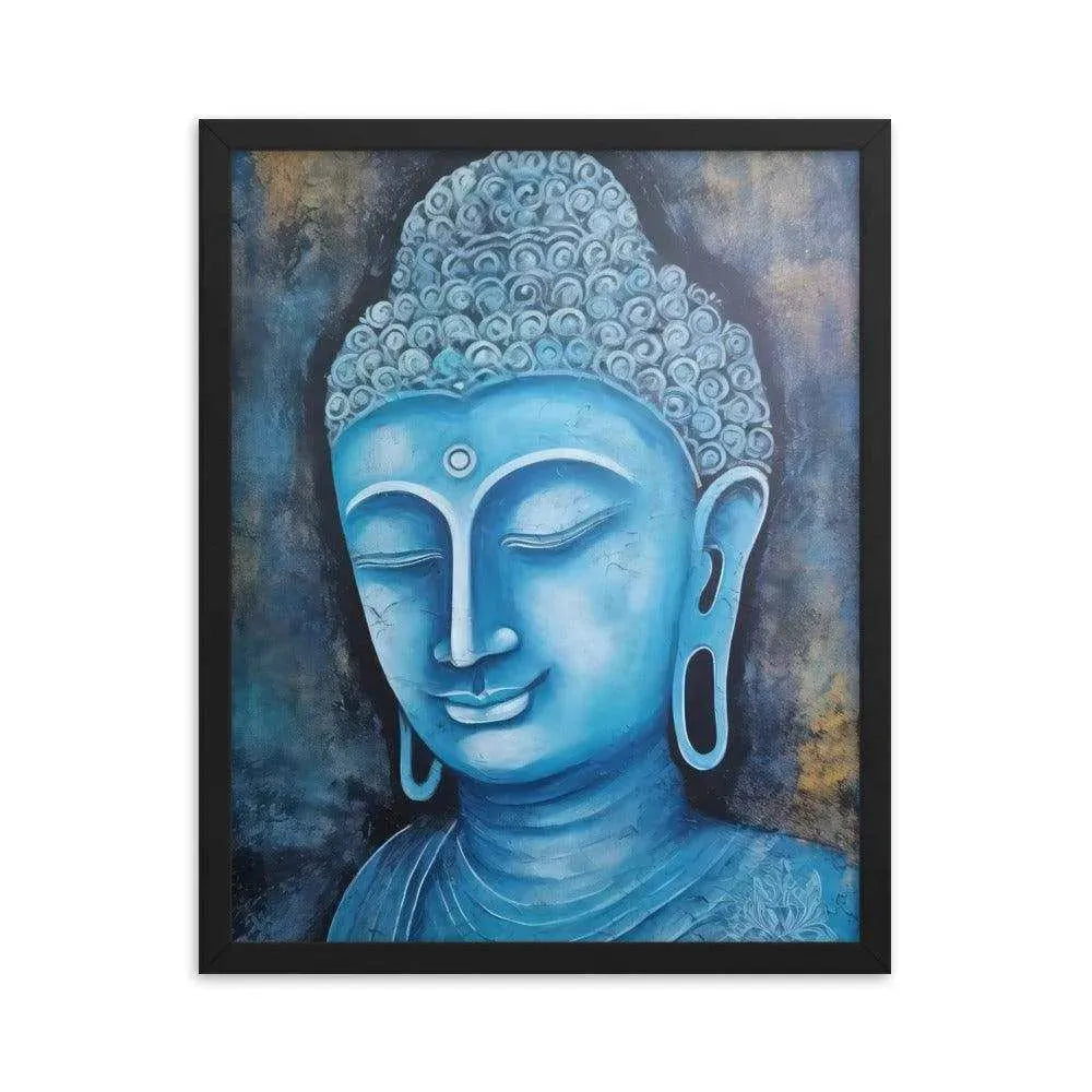 A black oak Blue Buddha framed Art poster on a white background presents a peaceful blue Buddha head with intricate detailing and a harmonious dark blue and gold background, radiating tranquility and artistic expression.