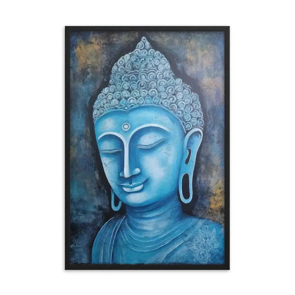 A black oak Blue Buddha framed Art poster on a white background presents a peaceful blue Buddha head with intricate detailing and a harmonious dark blue and gold background, radiating tranquility and artistic expression.