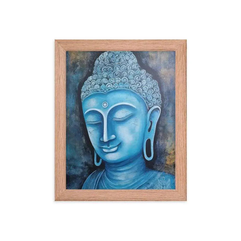 A red oak Blue Buddha framed Art poster on a white background presents a peaceful blue Buddha head with intricate detailing and a harmonious dark blue and gold background, radiating tranquility and artistic expression.