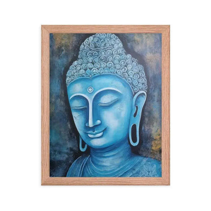 A red oak Blue Buddha framed Art poster on a white background presents a peaceful blue Buddha head with intricate detailing and a harmonious dark blue and gold background, radiating tranquility and artistic expression.