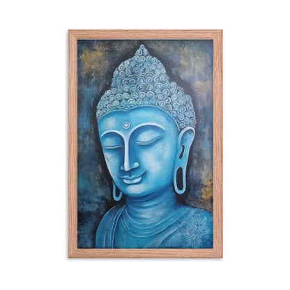 A red oak Blue Buddha framed Art poster on a white background presents a peaceful blue Buddha head with intricate detailing and a harmonious dark blue and gold background, radiating tranquility and artistic expression.