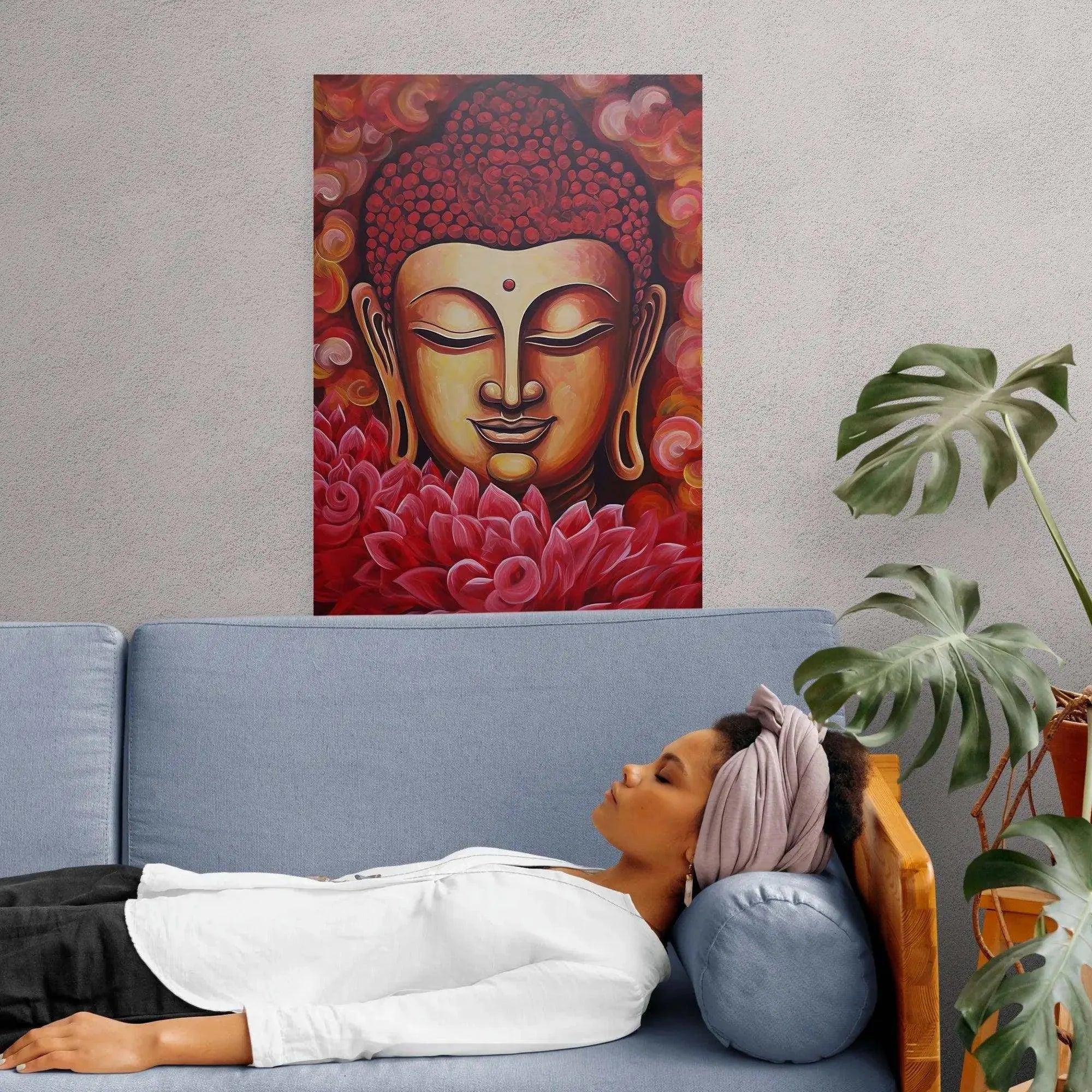 Smiling Buddha Poster - Warm RED Buddha Artwork with Lotus – Zenartbliss