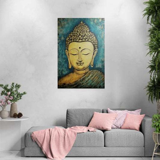 Buddha artwork above a gray sofa adorned with pink throw pillows, adding a meditative touch to a cozy living room setting.