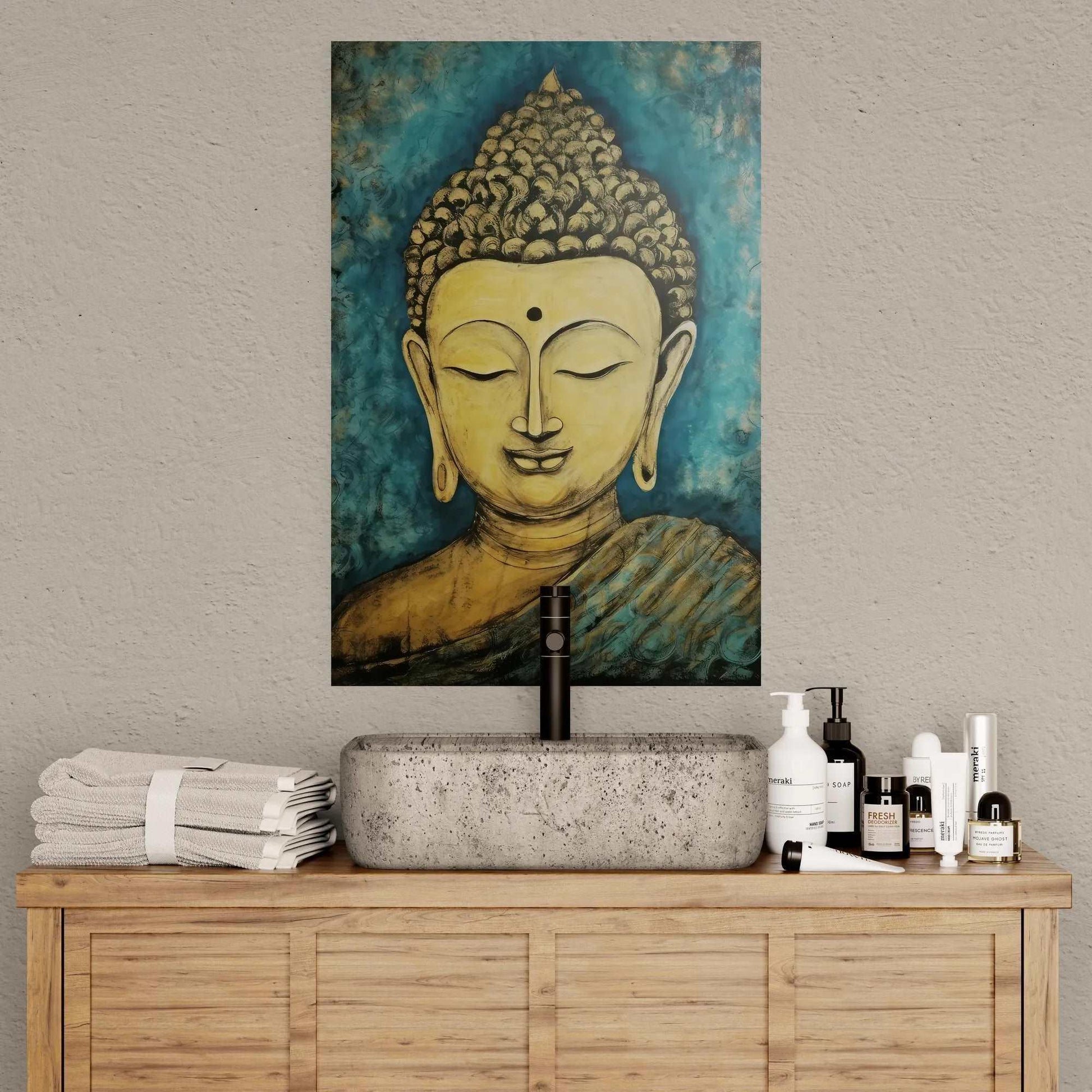 A serene Buddha painting hangs above a modern bathroom vanity with a stone basin and toiletries, creating a tranquil spa atmosphere.