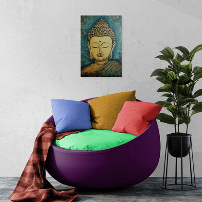 Vibrant Buddha portrait on a textured blue background, overlooking a colorful circular sofa with multicolored pillows, in a lively decor.