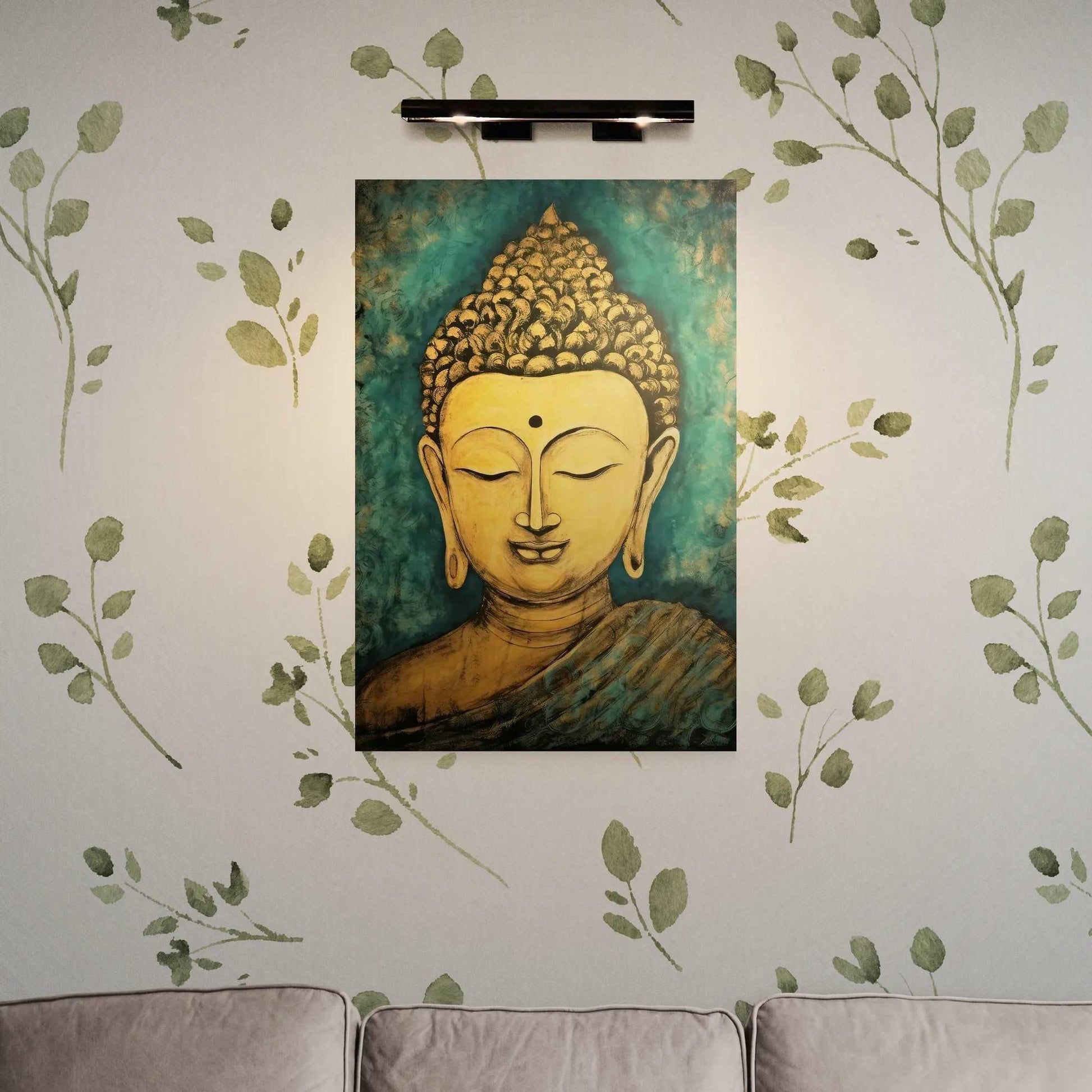 Golden Buddha painting positioned above a simple couch, flanked by delicate green leaf patterns on a white wall, providing a natural, peaceful ambiance.