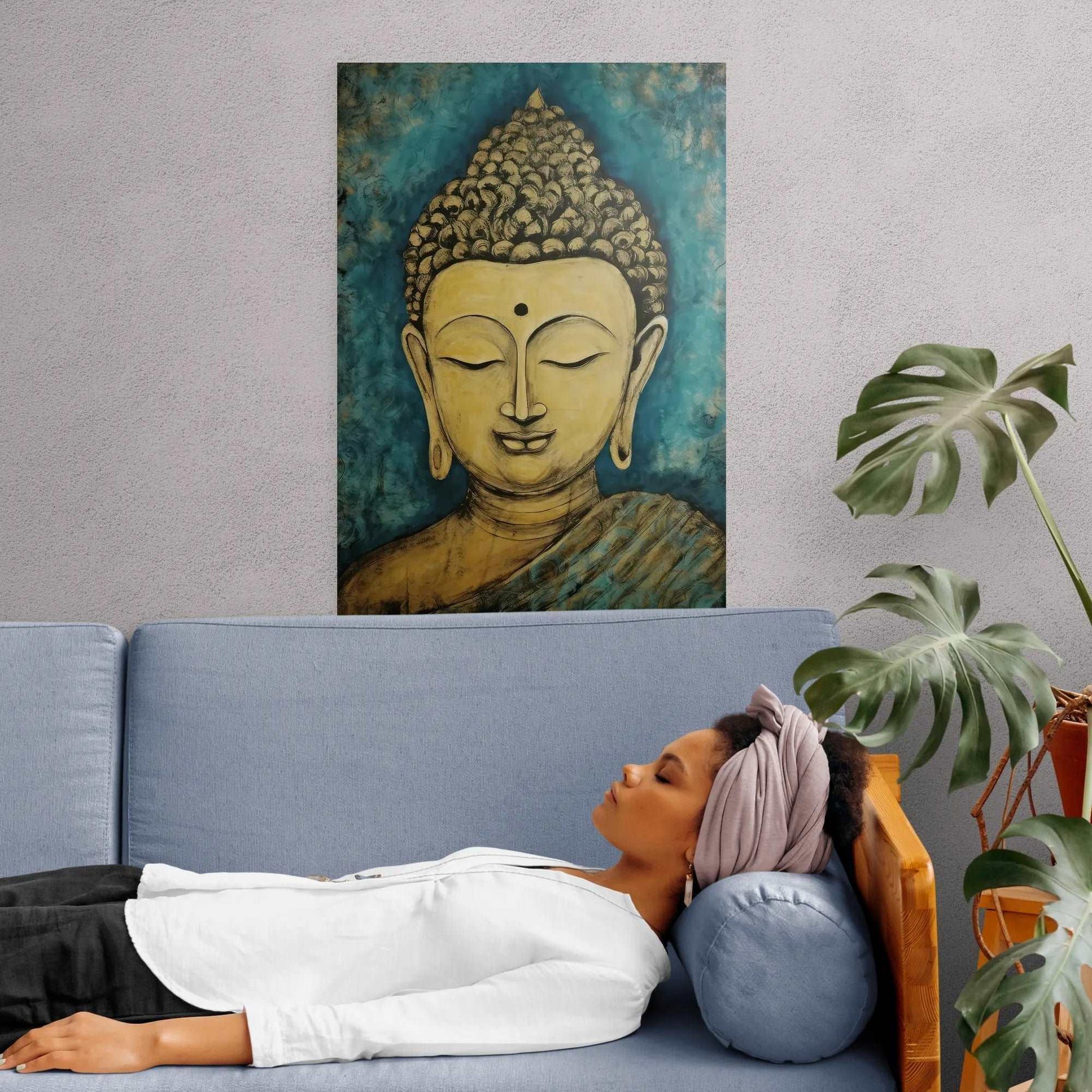 A peaceful Buddha painting in blue and gold tones oversees a relaxed woman lying on a couch, complementing a tranquil indoor plant-filled environment.