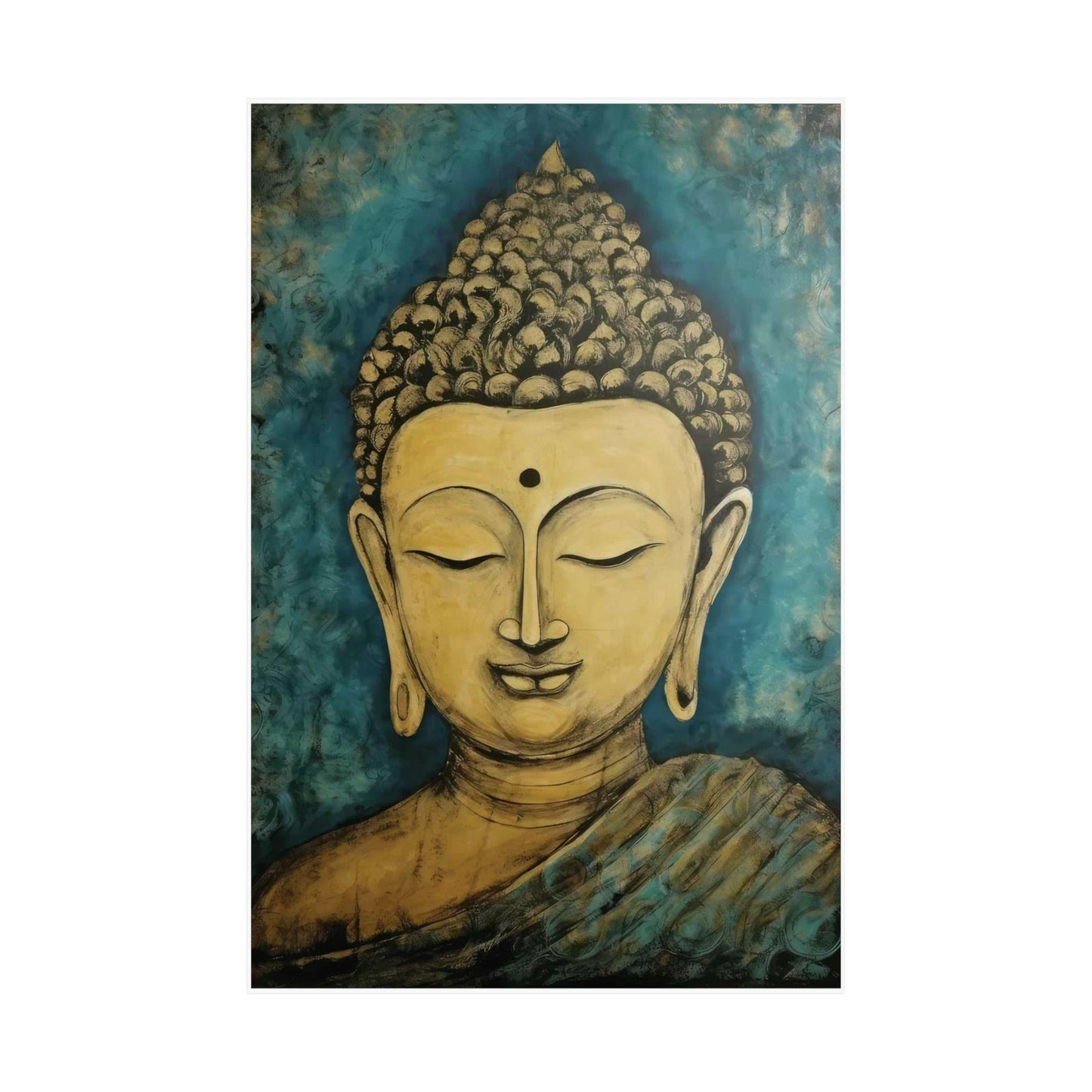 ZenArtBliss.com's Kentucky Buddha in Art, featuring a golden Buddha Head against a teal background on matte paper, embodying peace and wisdom.