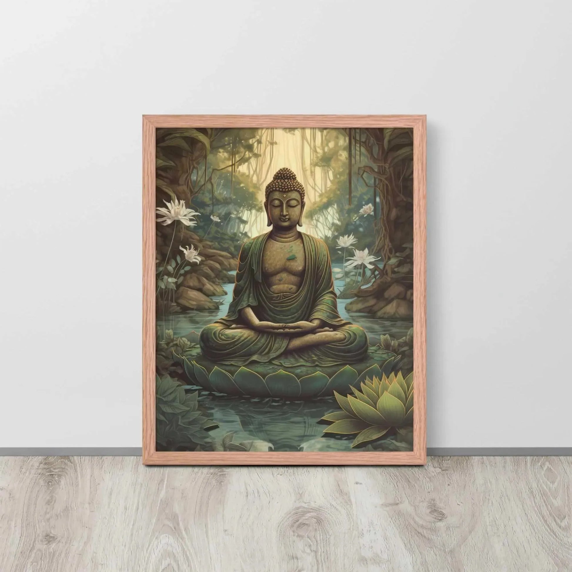 A Ayous wood , Lotus Flower Painting  framed poster depicting a meditative Buddha seated in a tranquil forest setting, with intricate greenery and blooming lotus flowers, is leaning against a light wooden floor near a white wall. The artwork brings a sense of calm and contemplation to the space.