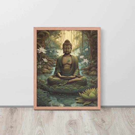 A Ayous wood , Lotus Flower Painting  framed poster depicting a meditative Buddha seated in a tranquil forest setting, with intricate greenery and blooming lotus flowers, is leaning against a light wooden floor near a white wall. The artwork brings a sense of calm and contemplation to the space.