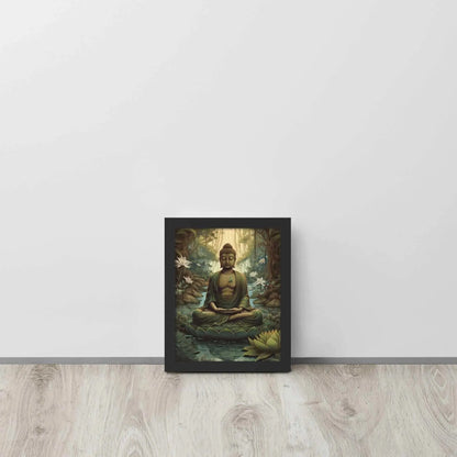 A Ayous wood , Lotus Flower Painting  framed poster depicting a meditative Buddha seated in a tranquil forest setting, with intricate greenery and blooming lotus flowers, is leaning against a light wooden floor near a white wall. The artwork brings a sense of calm and contemplation to the space.