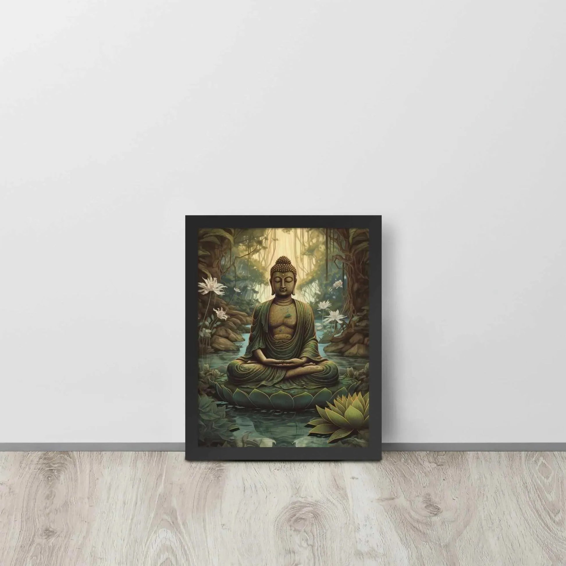 A Ayous wood , Lotus Flower Painting  framed poster depicting a meditative Buddha seated in a tranquil forest setting, with intricate greenery and blooming lotus flowers, is leaning against a light wooden floor near a white wall. The artwork brings a sense of calm and contemplation to the space.