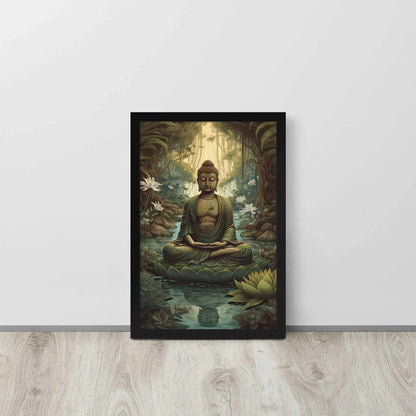 A Ayous wood , Lotus Flower Painting  framed poster depicting a meditative Buddha seated in a tranquil forest setting, with intricate greenery and blooming lotus flowers, is leaning against a light wooden floor near a white wall. The artwork brings a sense of calm and contemplation to the space.