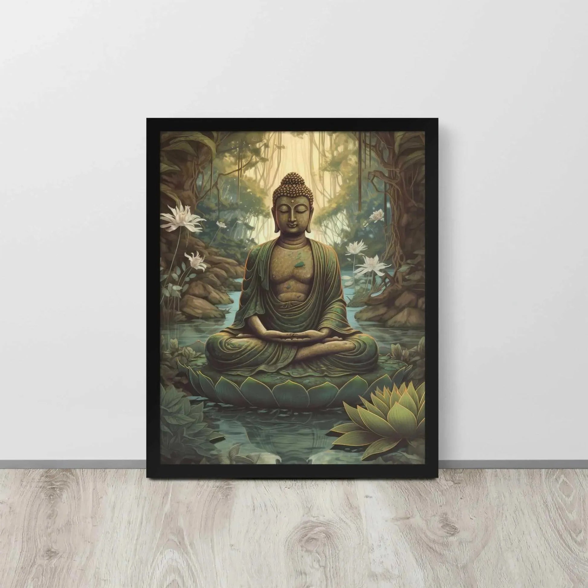 A Ayous wood , Lotus Flower Painting  framed poster depicting a meditative Buddha seated in a tranquil forest setting, with intricate greenery and blooming lotus flowers, is leaning against a light wooden floor near a white wall. The artwork brings a sense of calm and contemplation to the space.