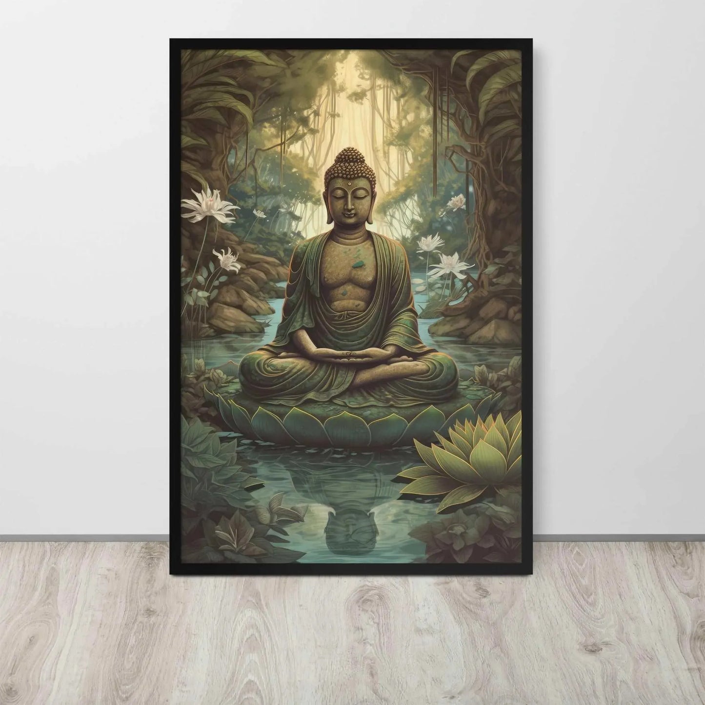 A Ayous wood , Lotus Flower Painting  framed poster depicting a meditative Buddha seated in a tranquil forest setting, with intricate greenery and blooming lotus flowers, is leaning against a light wooden floor near a white wall. The artwork brings a sense of calm and contemplation to the space.