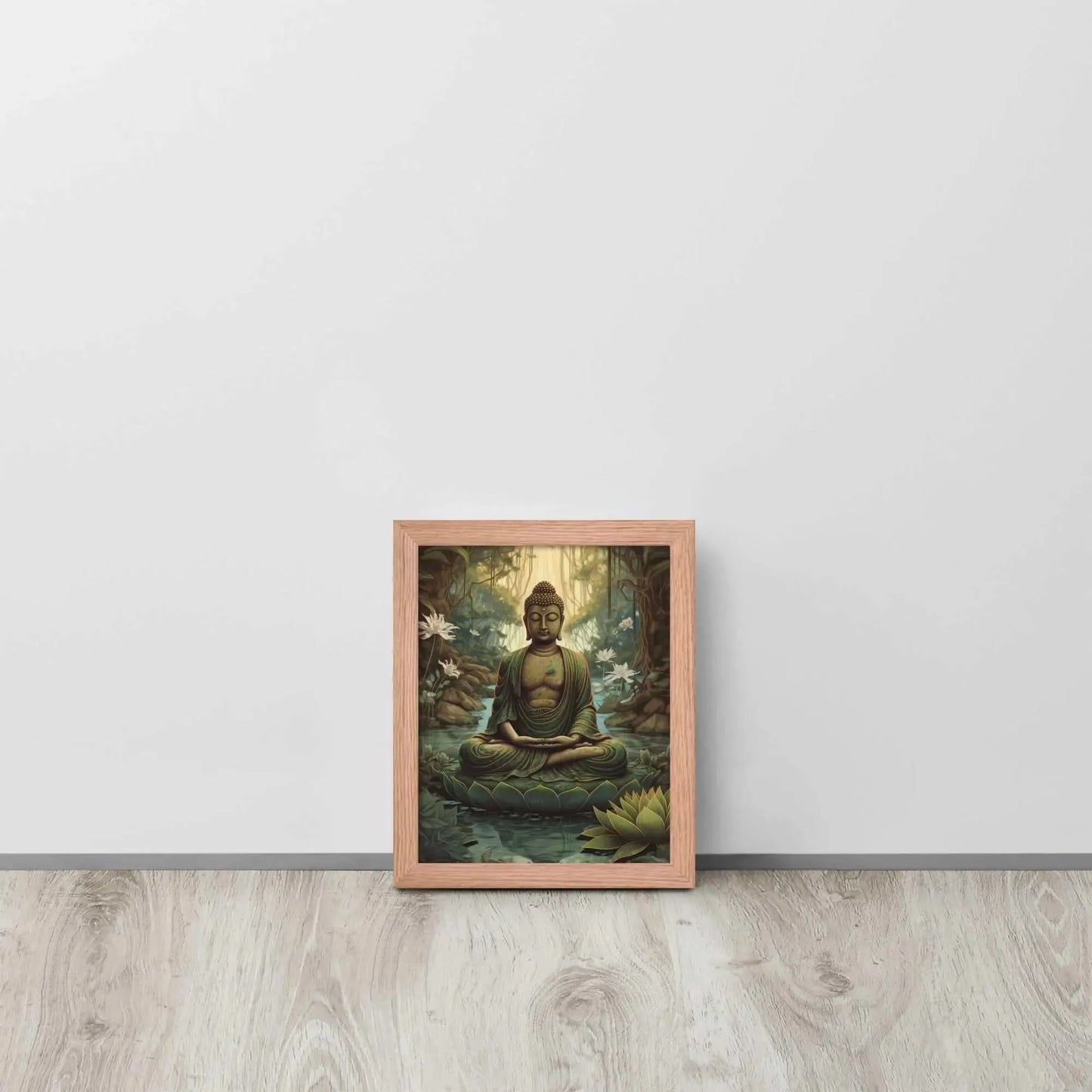 A Ayous wood , Lotus Flower Painting  framed poster depicting a meditative Buddha seated in a tranquil forest setting, with intricate greenery and blooming lotus flowers, is leaning against a light wooden floor near a white wall. The artwork brings a sense of calm and contemplation to the space.