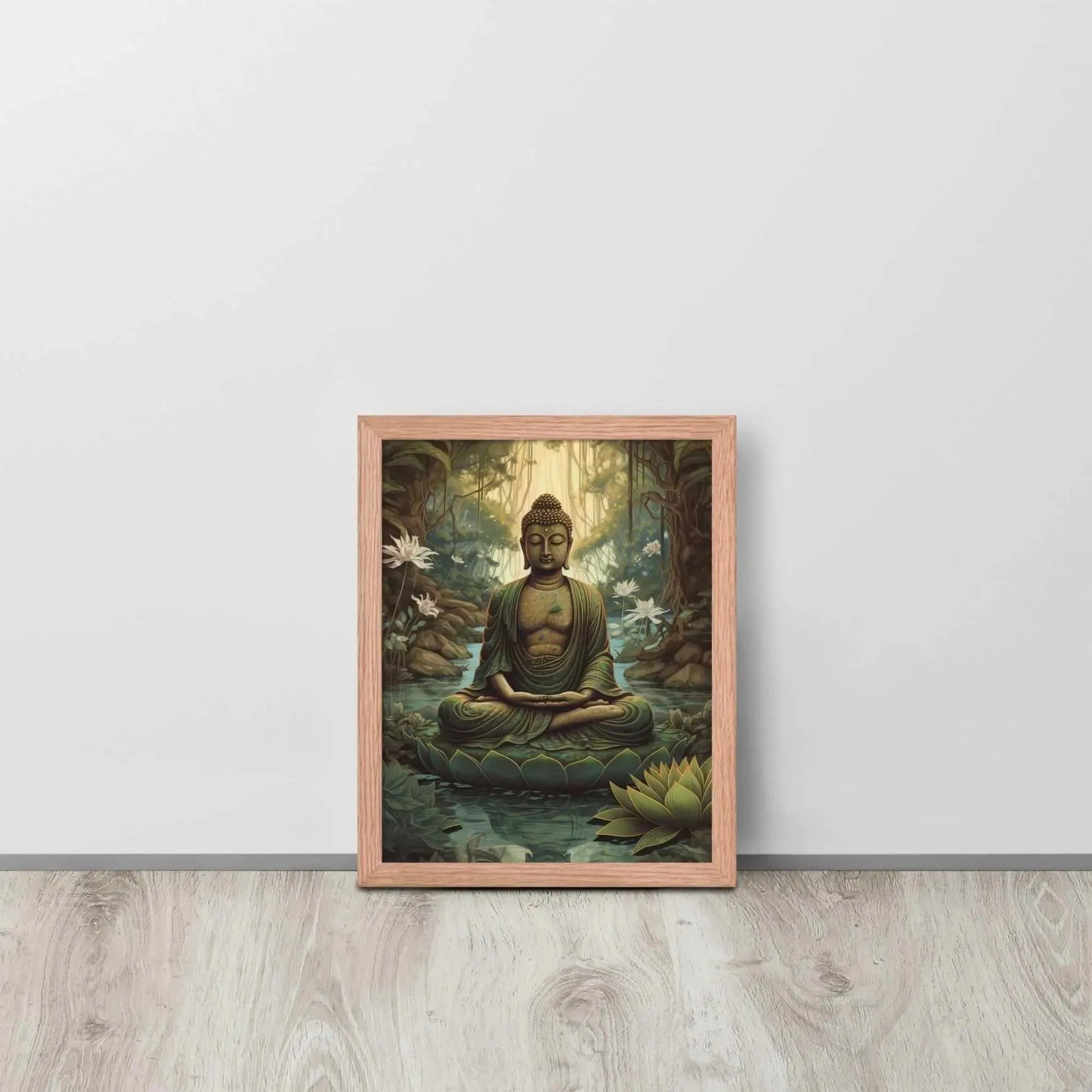 A Ayous wood , Lotus Flower Painting  framed poster depicting a meditative Buddha seated in a tranquil forest setting, with intricate greenery and blooming lotus flowers, is leaning against a light wooden floor near a white wall. The artwork brings a sense of calm and contemplation to the space.