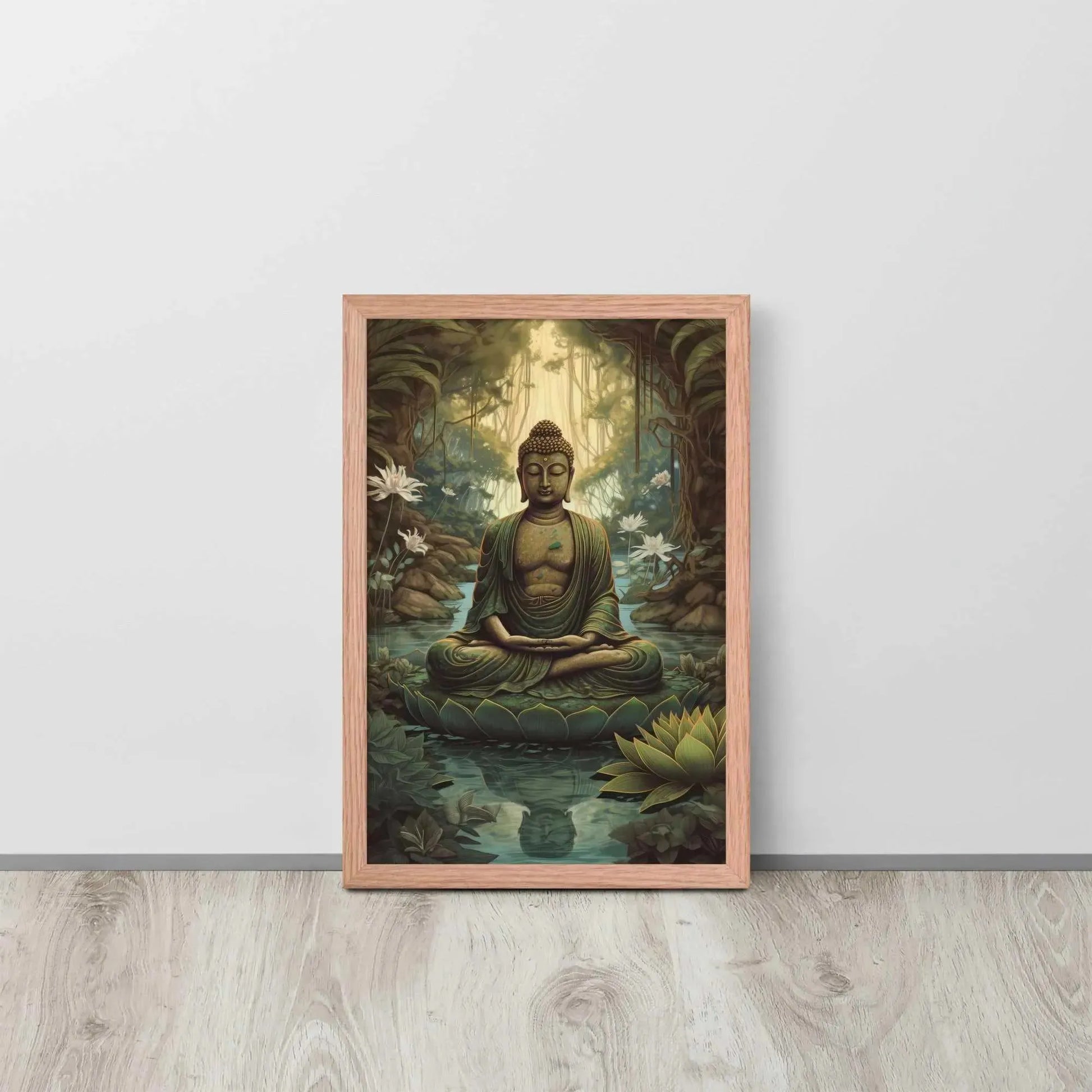 A Ayous wood , Lotus Flower Painting  framed poster depicting a meditative Buddha seated in a tranquil forest setting, with intricate greenery and blooming lotus flowers, is leaning against a light wooden floor near a white wall. The artwork brings a sense of calm and contemplation to the space.