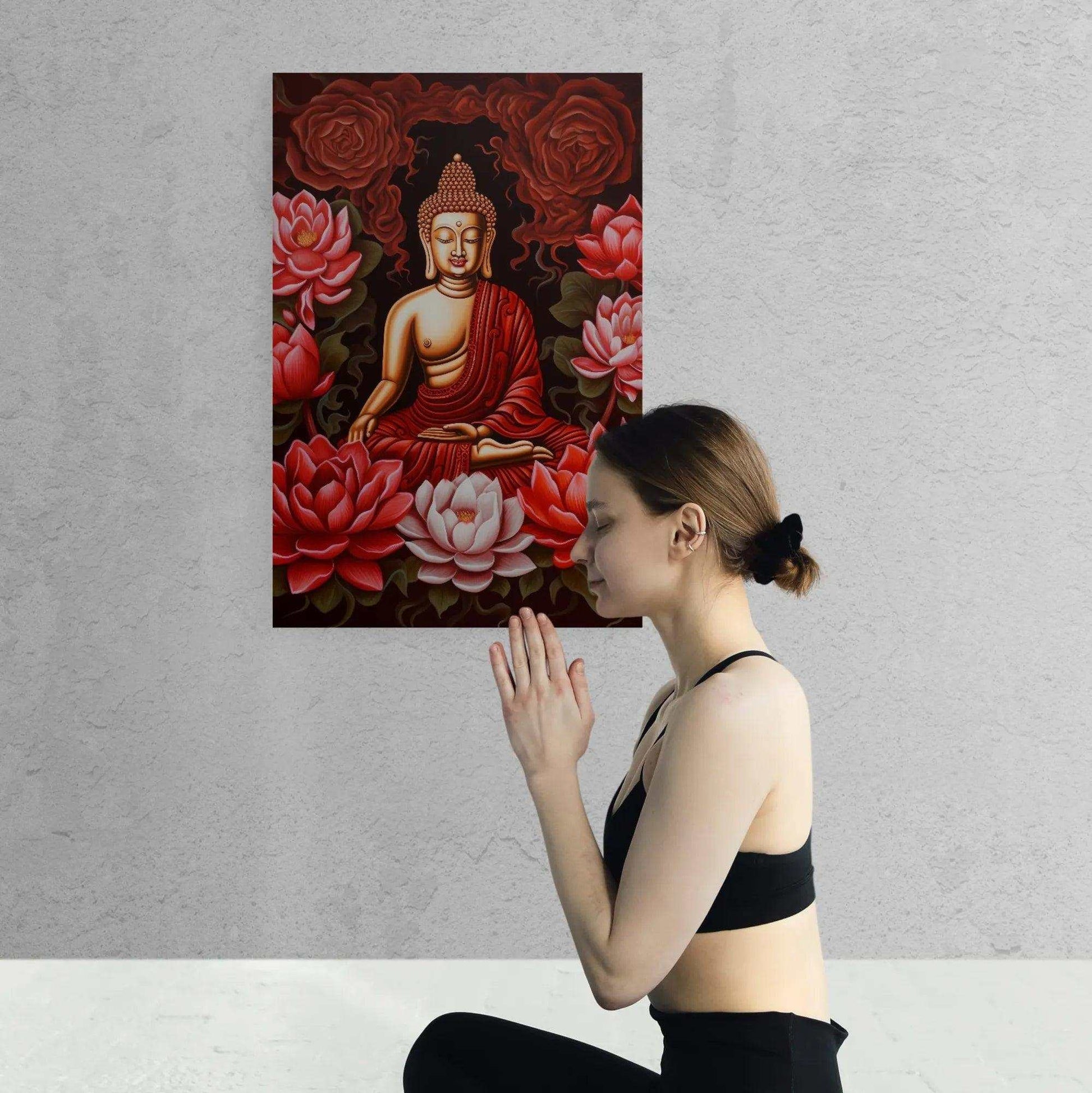Lotus Serenity - RED Buddha and Lotus Poster Art -ZenArtBliss