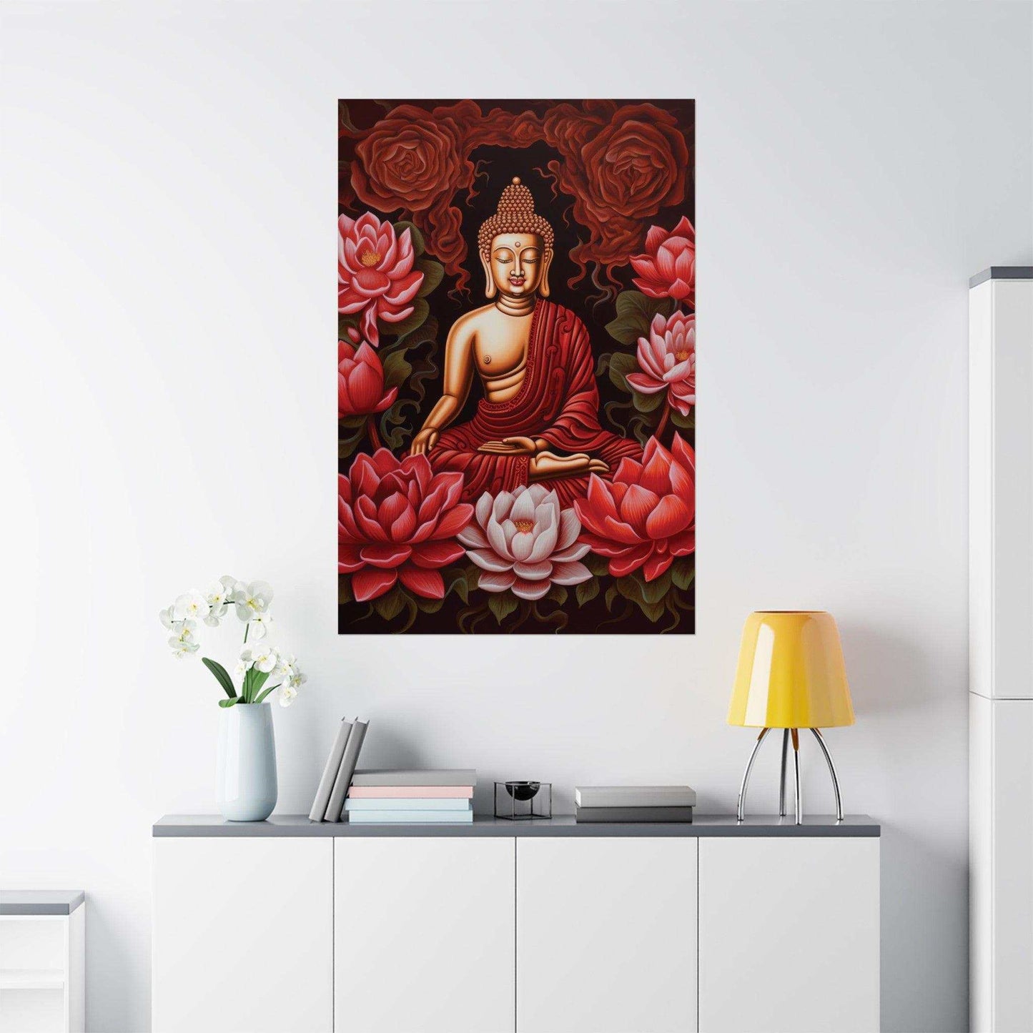 Lotus Serenity - RED Buddha and Lotus Poster Art -ZenArtBliss