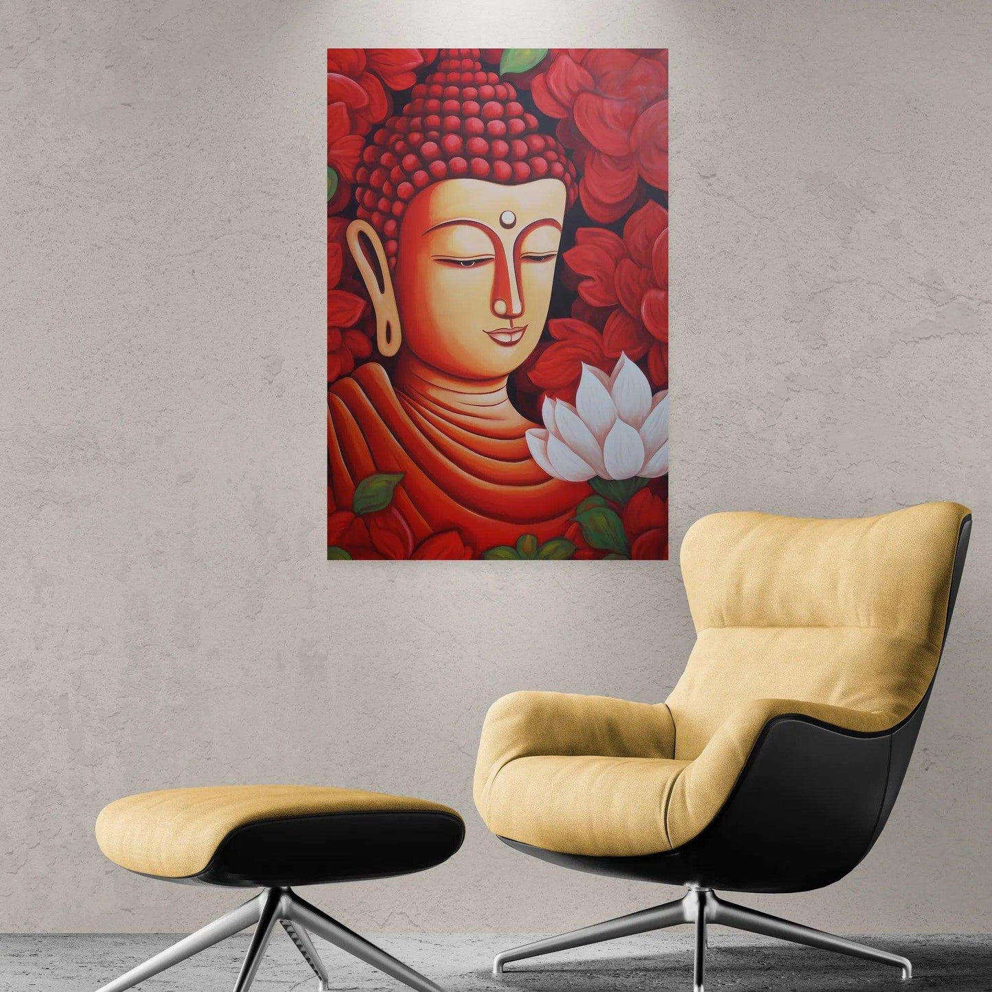 Lotus Serenity - Red Buddha with White Lotus Poster -ZenArtBliss