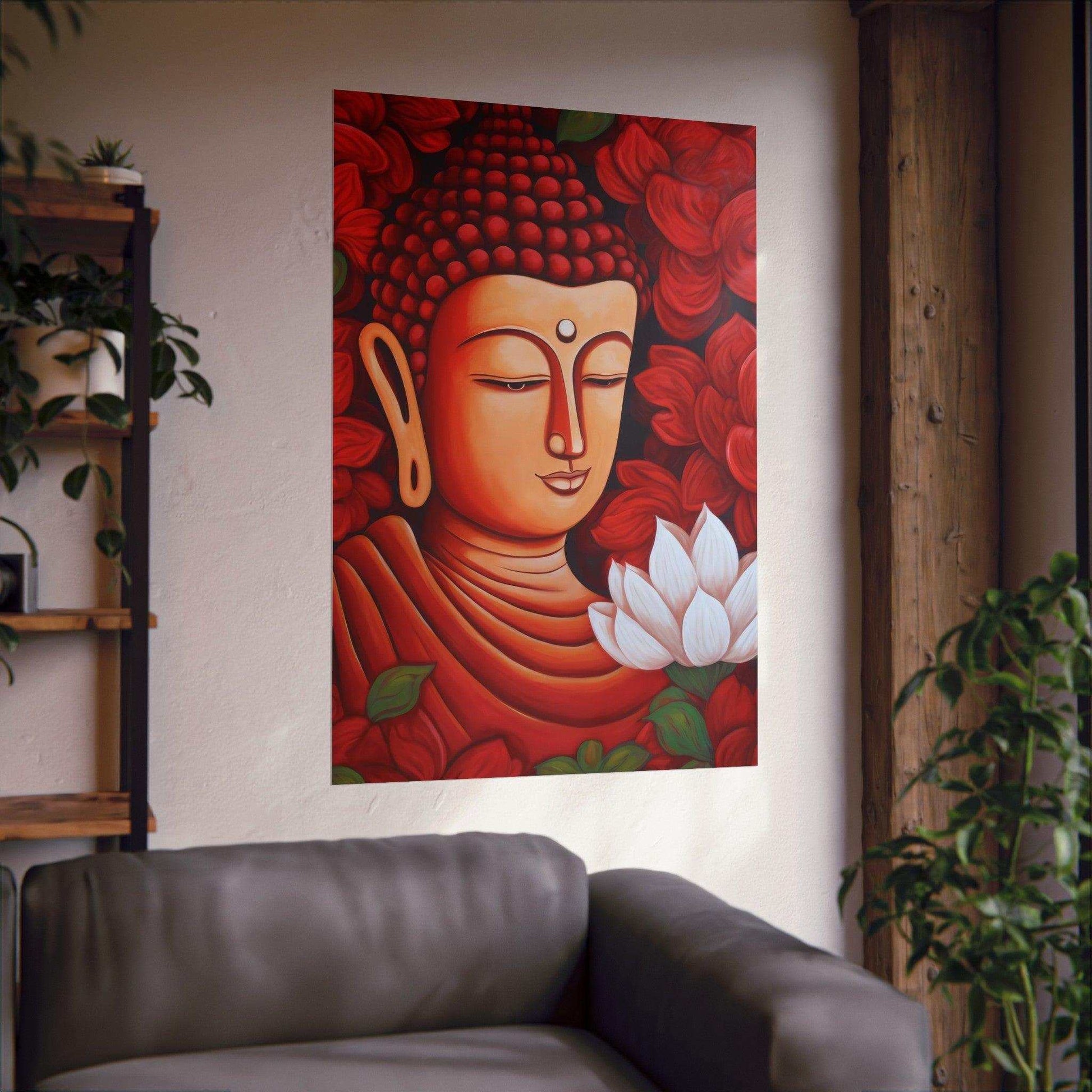 Lotus Serenity - Red Buddha with White Lotus Poster -ZenArtBliss