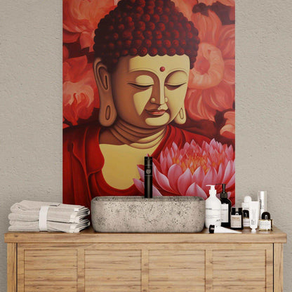 Lotus Tranquility - Red Buddha and Lotus Art Painting -ZenArtBliss